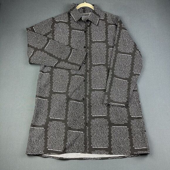 Spoon Jeans Tunic Top Women L Black Allover Script Empowerment Button Up Shirt* - Picture 1 of 12